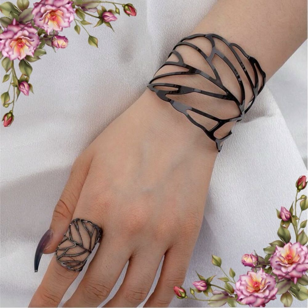 Bangle bracelet & Ring set Metal Leaf Design charcoal‎ black color